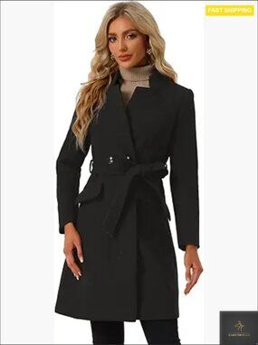 Classic Trench Coat Elegant Winter Pea Coat Stand Collar Belted Wrap
